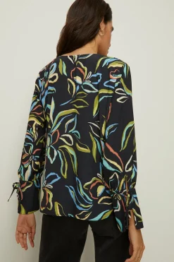 Fashion Oasis Leafy Floral Long Sleeve Cowl Neck Top Black