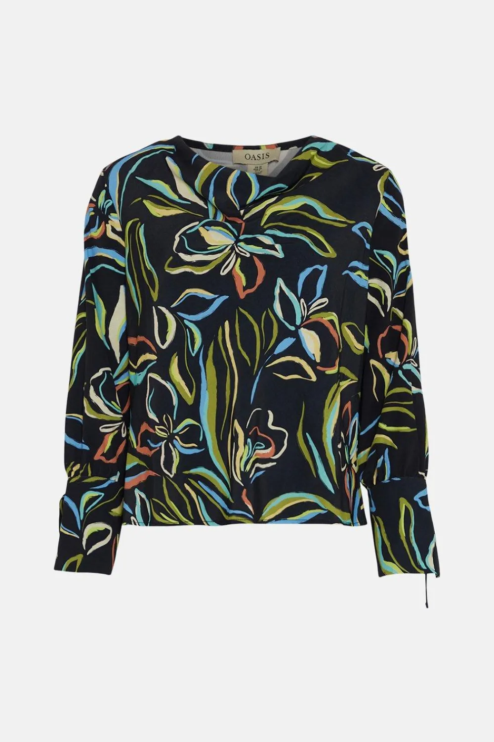 Fashion Oasis Leafy Floral Long Sleeve Cowl Neck Top Black