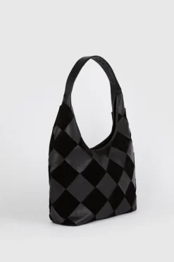 New Oasis Leather And Suede Diamond Detail Shoulder Bag Black