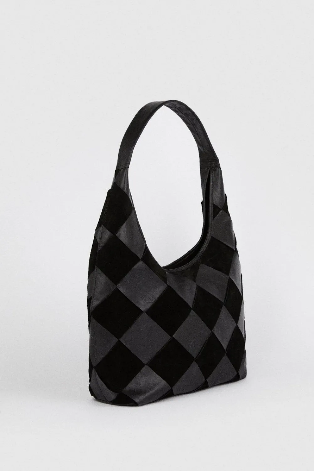 New Oasis Leather And Suede Diamond Detail Shoulder Bag Black
