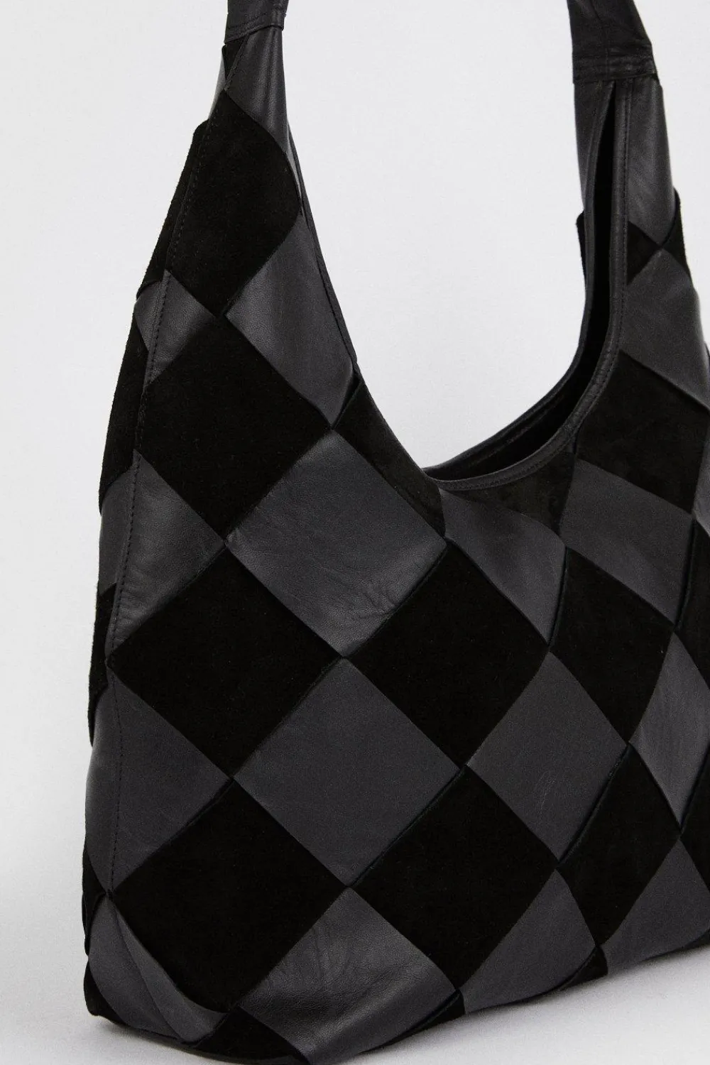 New Oasis Leather And Suede Diamond Detail Shoulder Bag Black