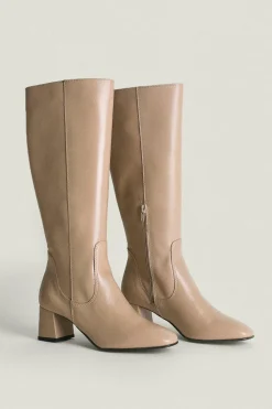 Outlet Oasis Leather Block Heel Knee High Boot Beige