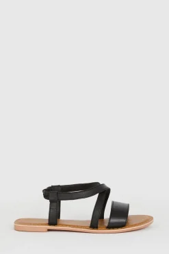 Sale Oasis Leather Cross Over Flat Sandals Black