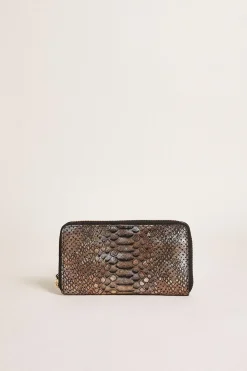 Best Oasis Leather Metallic Snake Print Zip Around Purse Gold