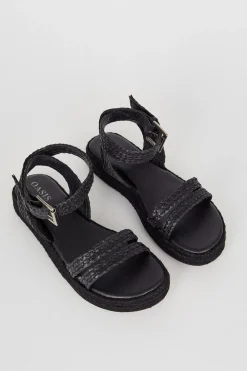 New Oasis Leather Plaited Double Strap Sandals Black