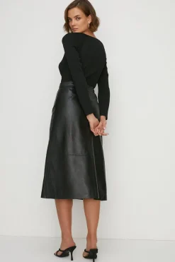Online Oasis Leather Seam Detail Midi Skirt Black