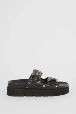 Best Oasis Leather Western Studded Flatform Sandal Black