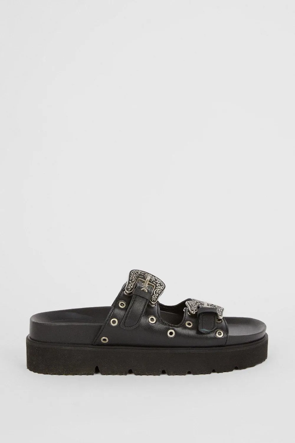 Best Oasis Leather Western Studded Flatform Sandal Black