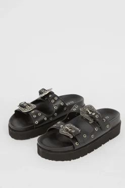 Best Oasis Leather Western Studded Flatform Sandal Black