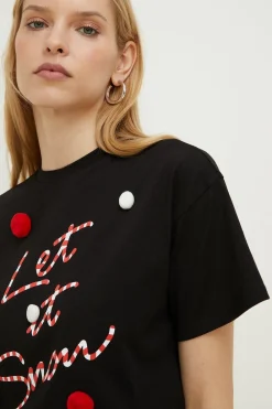 New Oasis Let It Snow Pom Pom Christmas T-Shirt Black