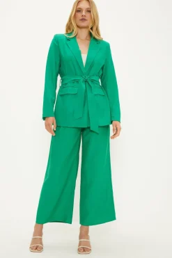 Hot Oasis Linen Look Belted Cropped Trouser Green