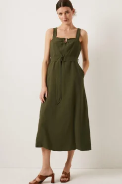 Hot Oasis Linen Look Belted Midi Dress Khaki