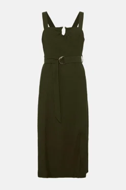 Hot Oasis Linen Look Belted Midi Dress Khaki