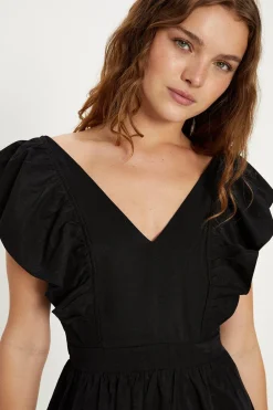 Fashion Oasis Linen Look Flutter Sleeve Mini Dress Black