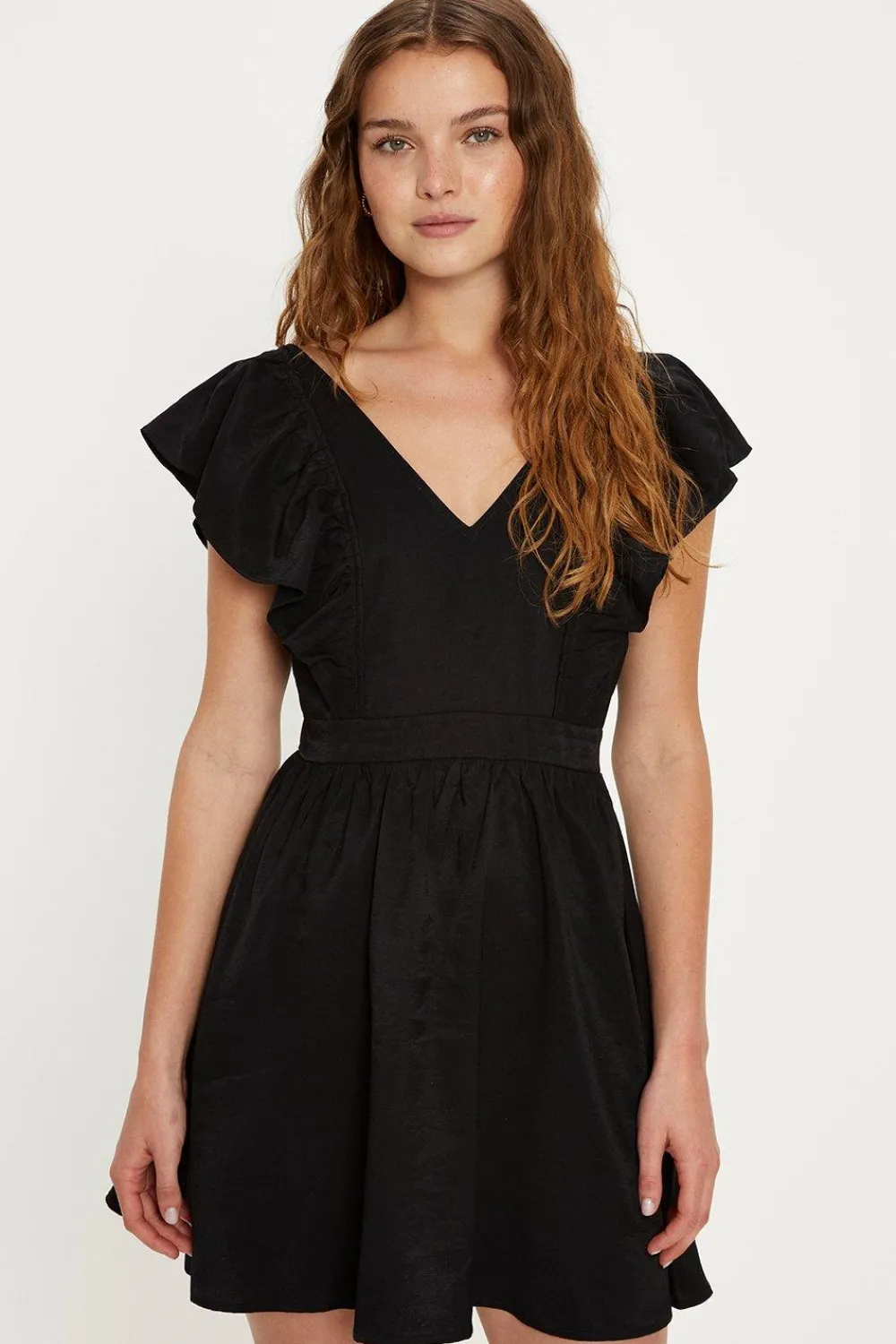 Fashion Oasis Linen Look Flutter Sleeve Mini Dress Black