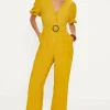 Sale Oasis Linen Look Puff Sleeve Belted Jumpsuit Mustard