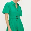 New Oasis Linen Look Puff Sleeve Shirt Dress Green