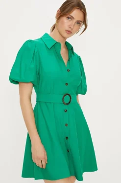 New Oasis Linen Look Puff Sleeve Shirt Dress Green