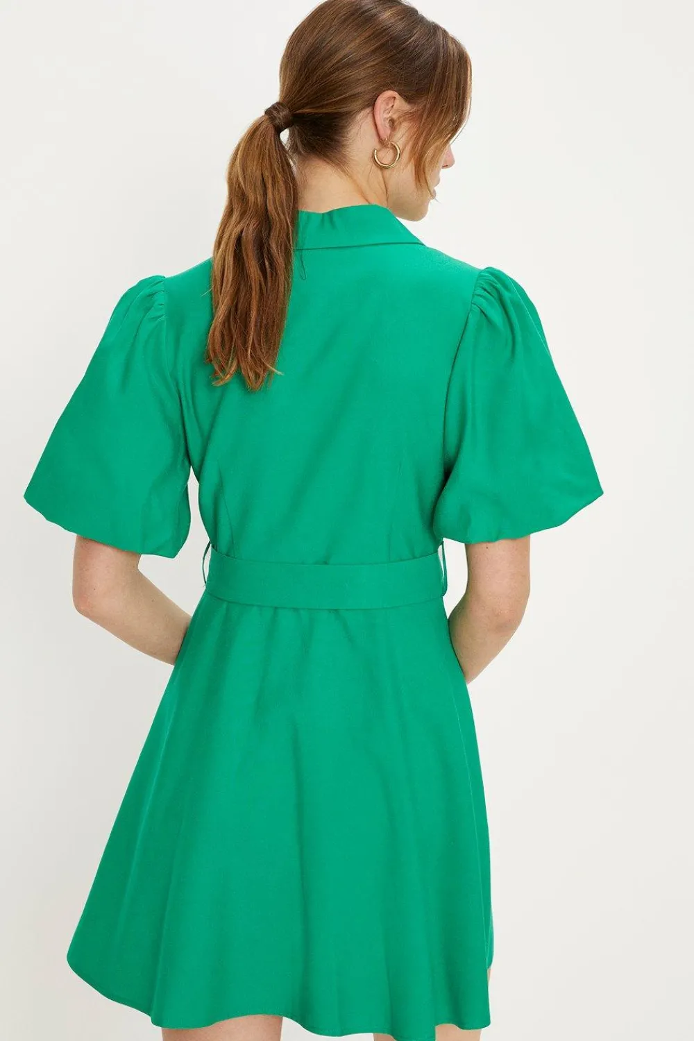 New Oasis Linen Look Puff Sleeve Shirt Dress Green