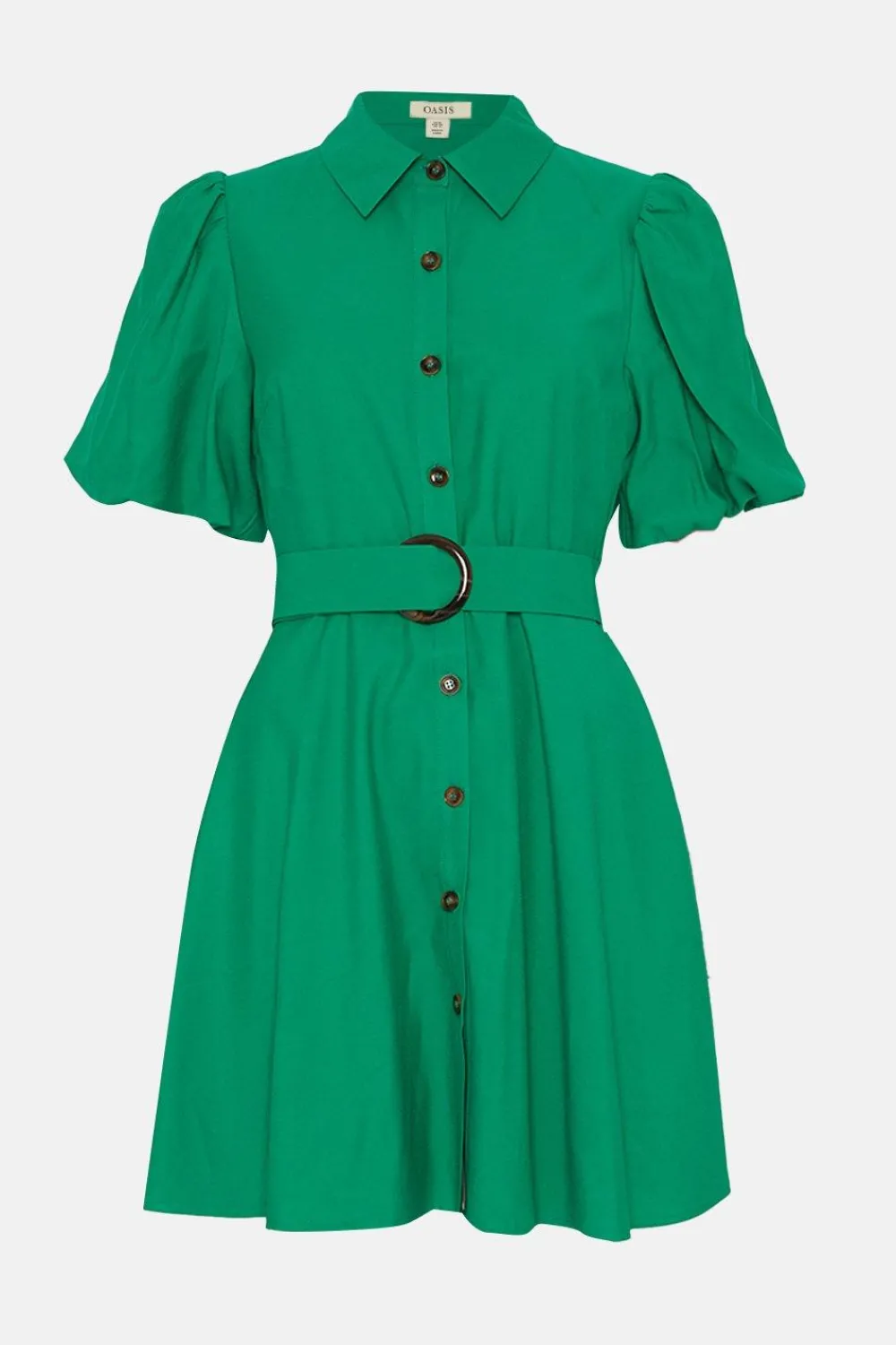 New Oasis Linen Look Puff Sleeve Shirt Dress Green
