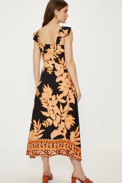 Outlet Oasis Linen Mix Border Palm Print Button Through Midi Dress Black