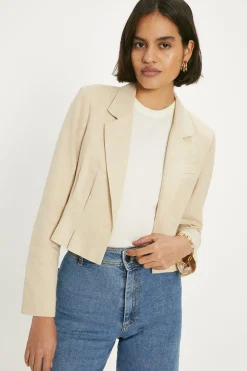 New Oasis Linen Mix Cropped Blazer Ecru