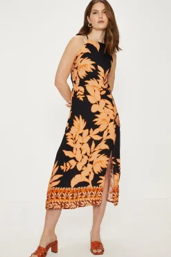 Best Oasis Linen Mix Floral Border Print Cross Back Midi Dress Black