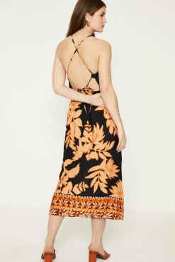 Best Oasis Linen Mix Floral Border Print Cross Back Midi Dress Black