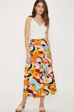 Clearance Oasis Linen Mix Floral Print Midi Skirt Multi