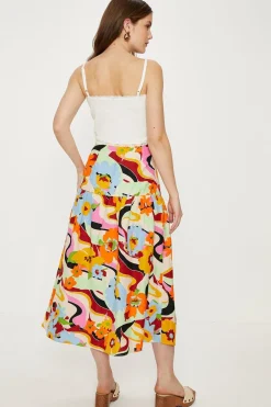 Clearance Oasis Linen Mix Floral Print Midi Skirt Multi