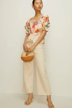 Online Oasis Linen Mix Fruit Printed Tie Scoop Neck Top Floral