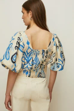 Fashion Oasis Linen Mix Ikat Printed Puff Sleeve Top Multi