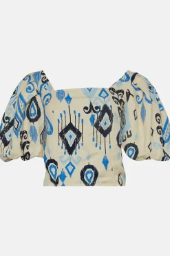 Fashion Oasis Linen Mix Ikat Printed Puff Sleeve Top Multi