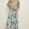 Hot Oasis Linen Mix Ikat Printed Shirred Maxi Dress Ivory