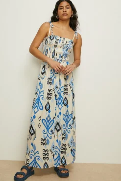 Hot Oasis Linen Mix Ikat Printed Shirred Maxi Dress Ivory