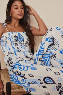 Best Oasis Linen Mix Ikat Printed Shirred Jumpsuit Ivory