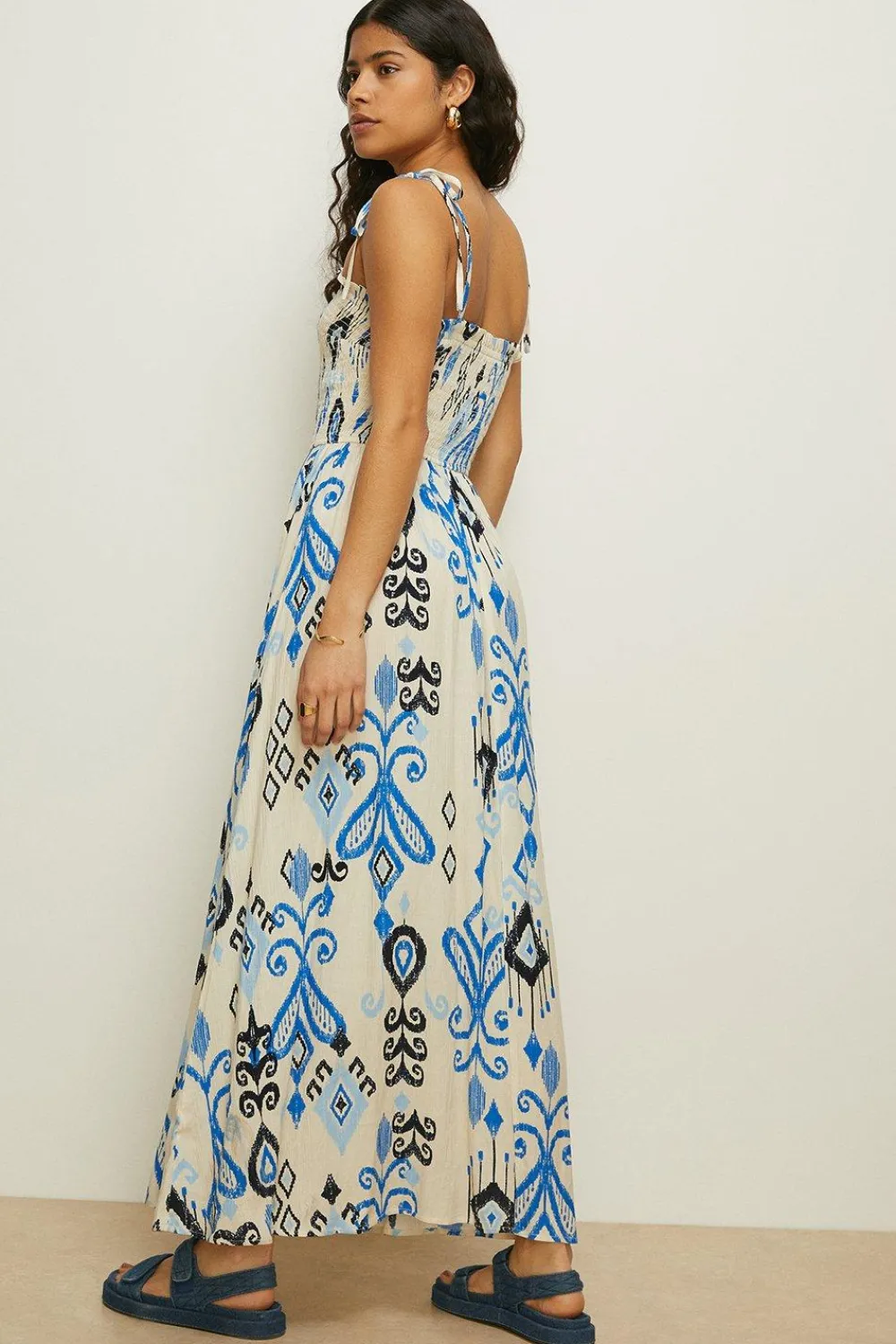Hot Oasis Linen Mix Ikat Printed Shirred Maxi Dress Ivory