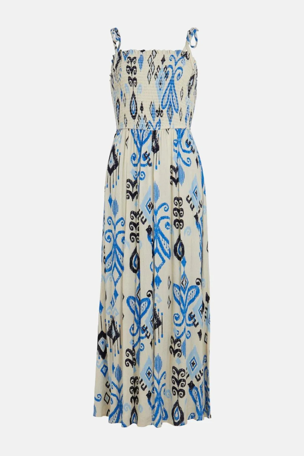 Hot Oasis Linen Mix Ikat Printed Shirred Maxi Dress Ivory