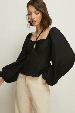 Discount Oasis Linen Mix Keyhole Tie Front Top Black