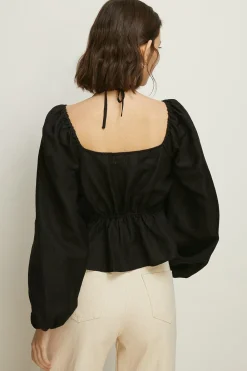 Discount Oasis Linen Mix Keyhole Tie Front Top Black
