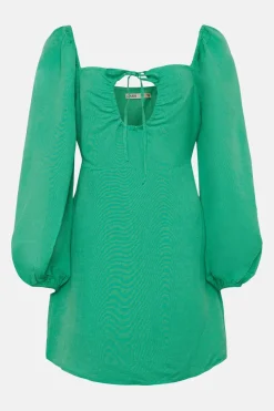 Outlet Oasis Linen Mix Keyhole Tie Front Mini Dress Green