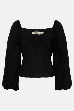Discount Oasis Linen Mix Keyhole Tie Front Top Black