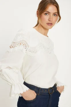 Outlet Oasis Linen Mix Lace Detail Top Ivory