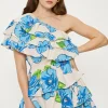 Sale Oasis Linen Mix One Shoulder Ruffle Tiered Floral Mini Dress Blue