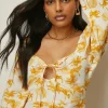 New Oasis Linen Mix Palm Print Keyhole Tie Front Mini Dress Multi