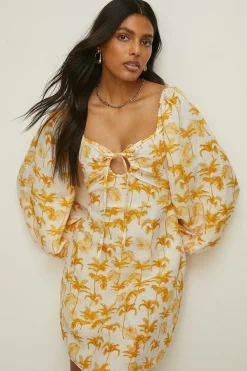 New Oasis Linen Mix Palm Print Keyhole Tie Front Mini Dress Multi