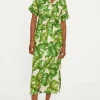 Clearance Oasis Linen Mix Palm Print Midi Shirt Dress Green