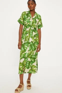 Clearance Oasis Linen Mix Palm Print Midi Shirt Dress Green