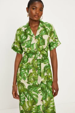 Clearance Oasis Linen Mix Palm Print Midi Shirt Dress Green