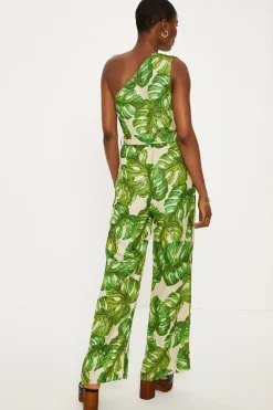Hot Oasis Linen Mix Palm Print One Shoulder Jumpsuit Green